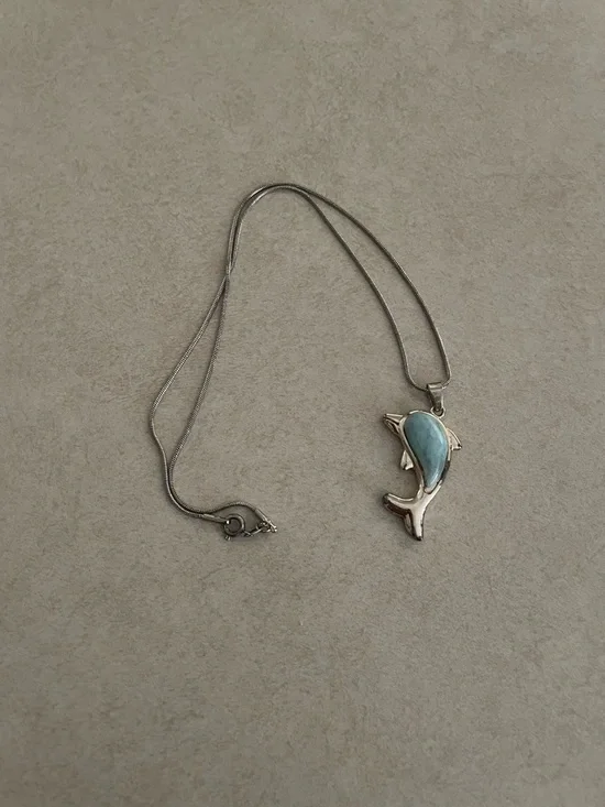 Silver Dolphin Pendant Necklace with Turquoise Inlay - Picture 1 of 5